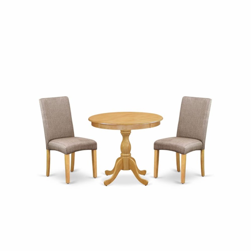 Amdr3-Oak-16 3 Piece Dining Table Set - 1 Pedestal Dining Table And 2 Dark Khaki Parson Chairs - Oak Finish