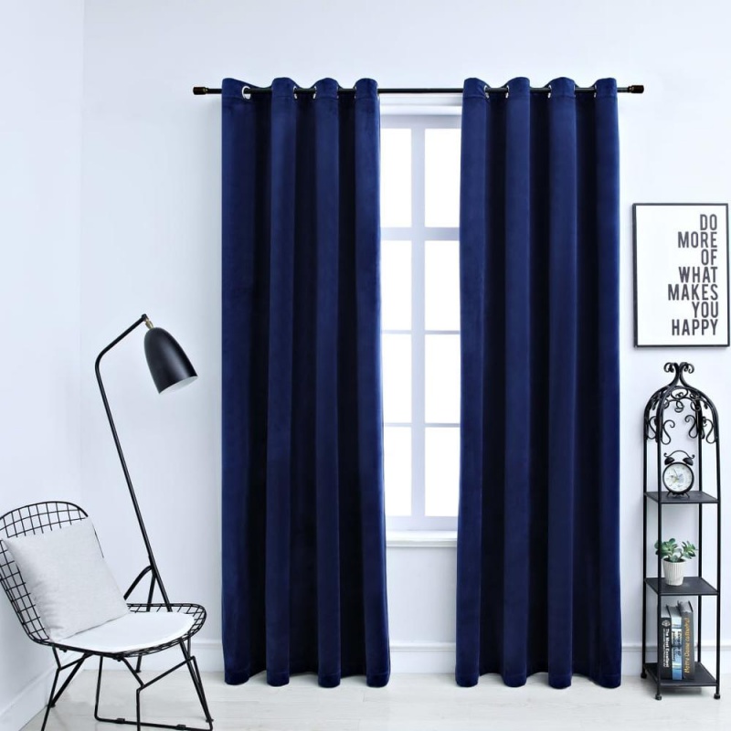 Vidaxl Blackout Curtains With Rings 2 Pcs Navy Blue 54"X63" Velvet