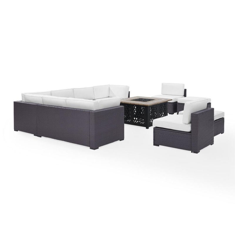 Biscayne 8Pc Outdoor Wicker Sectional Set W/Fire Table White/Brown - 3 Loveseats, 2 Armless Chairs, 2 Ottomans, Tucson Firetable