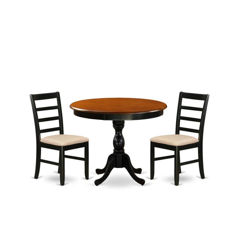 East West Furniture 3-Pc Modern Dining Table Set Includes A Round Kitchen Table And 2 Linen Fabric Dining Room Chairs With Ladder Back - Black Finish