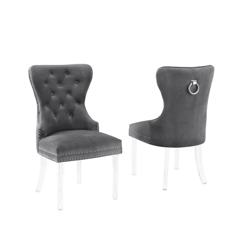 Velvet Tufted Side Chair Set Of 2, Acrylic Legs, Dark Grey