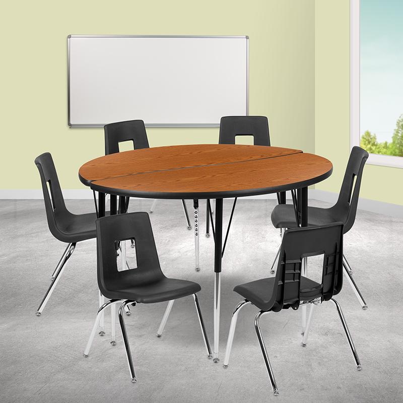 47.5" Circle Wave Collaborative Laminate Activity Table Set With 18" Student Stack Chairs, Oak/Black