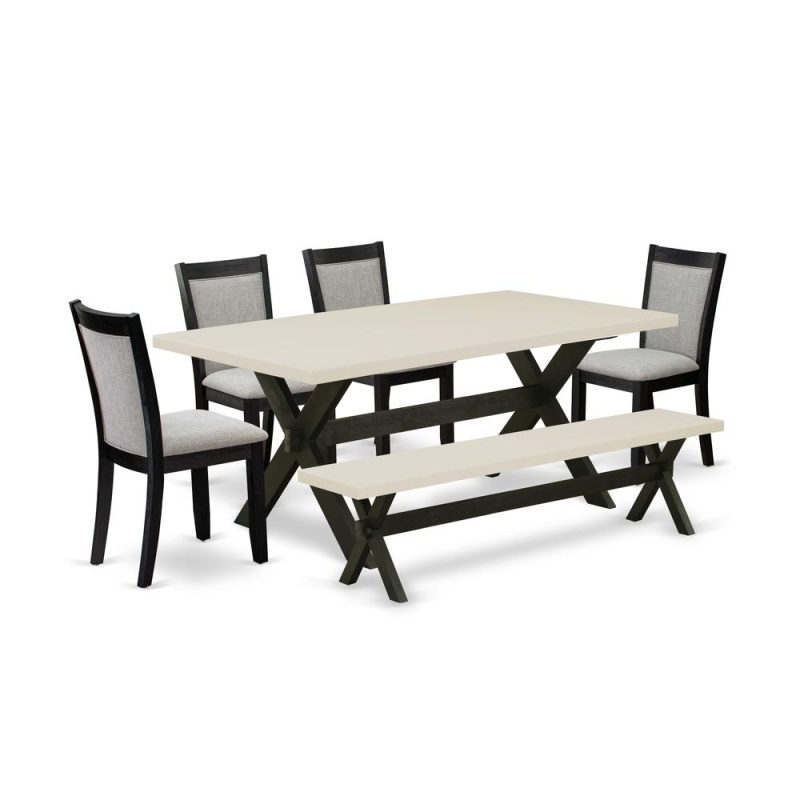 East West Furniture 6 Pc Dinner Table Set - Linen White Top Wooden Table With A Kitchen Bench And 4 Shitake Linen Fabric Upholstered Dining Room Chairs - Wire Brushed Black Finish