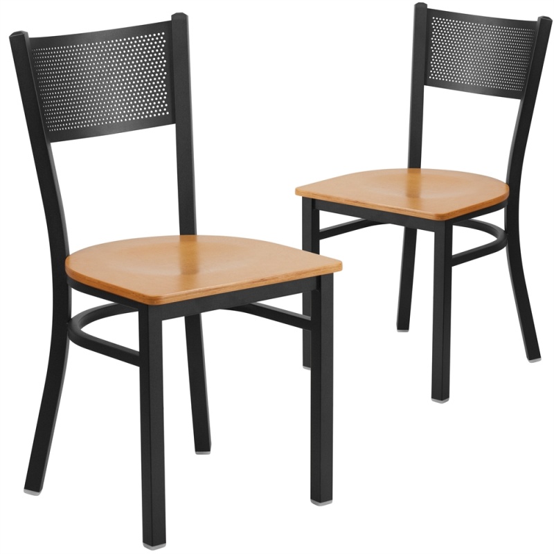 2 Pk. Hercules Series Black Grid Back Metal Restaurant Chair - Natural Wood Seat