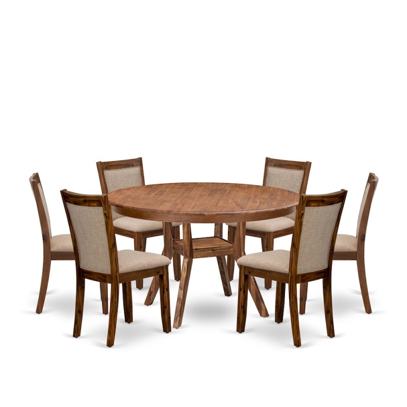 7-Piece Kitchen Table Set with Pedestal Breakfast Table and 6 Light Tan Fabric Chairs