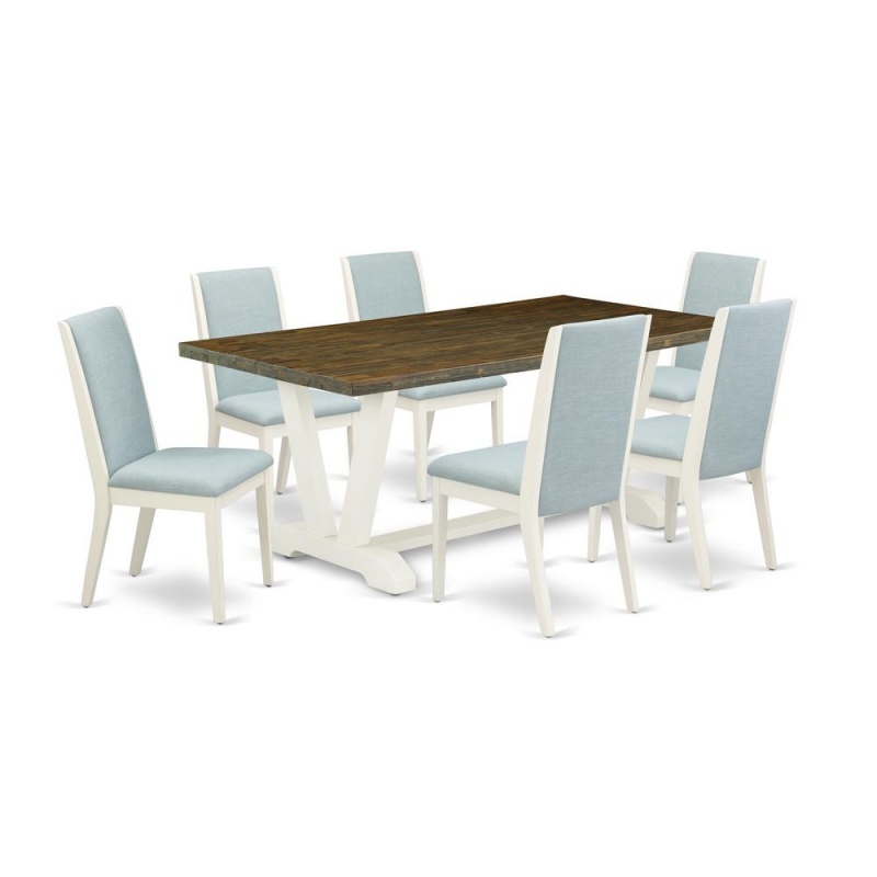 East West Furniture V077la015-7 7Pc Dining Room Table Set Includes A Dining Room Table And 6 Parsons Dining Room Chairs With Baby Blue Color Linen Fabric, Medium Size Table With Full Back Chairs, Wire