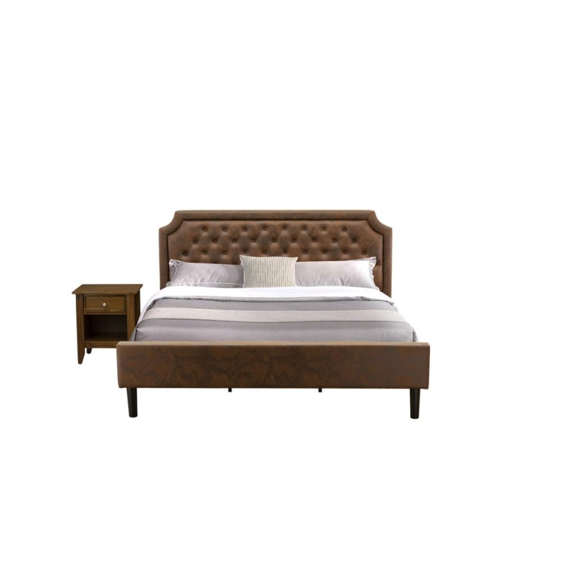Gb25k-1Ga08 2-Piece Platform Bed Set With Modern Bed And Antique Walnut Wood Night Stand - Dark Brown Faux Leather And Black Legs