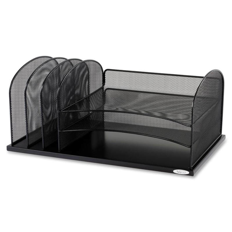 Safco Onyx 3 Tray/3 Upright Section Desk Organizer - 5 Compartment(S) - 8.3" Height X 19.5" Width X 11.5" Depthdesktop - Powder Coated - Black - Steel - 1 Each