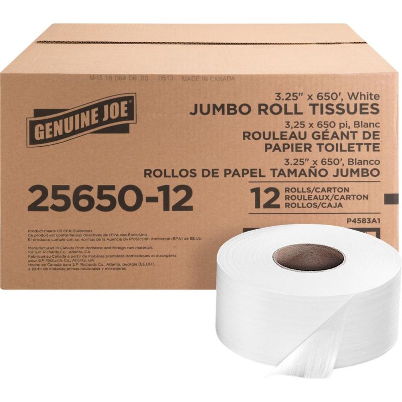 Genuine Joe 2-Ply Jumbo Roll Dispenser Bath Tissue - 2 Ply - 3.25" X 650 Ft - White - Nonperforated, Unscented - For Restroom - 648 / Pallet