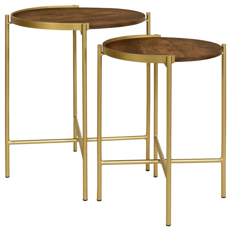 Malka 2-Piece Round Wood Nesting Table in Dark Brown and Gold