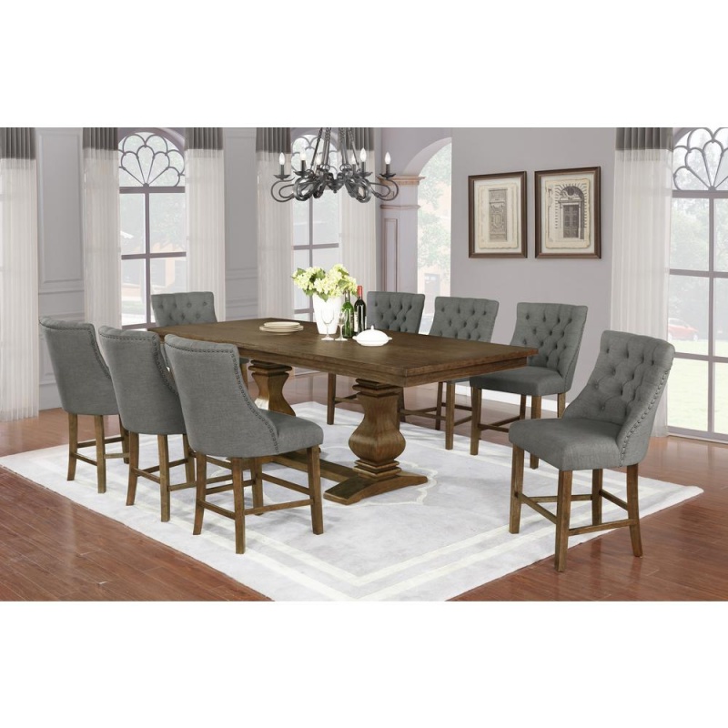 9Pc Counter Height Dining Set, Dining Chairs In Dark Grey, Table W/ 18" Center Leaf In Walnut Finish
