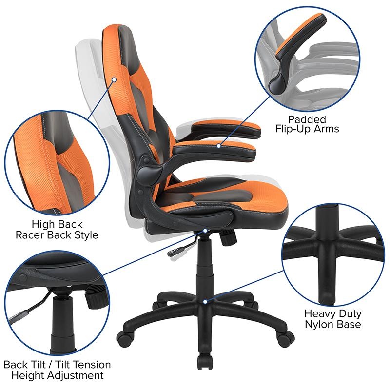 Black Gaming Desk And Orange/Black Racing Chair Set With Cup Holder, Headphone Hook, And Monitor/Smartphone Stand