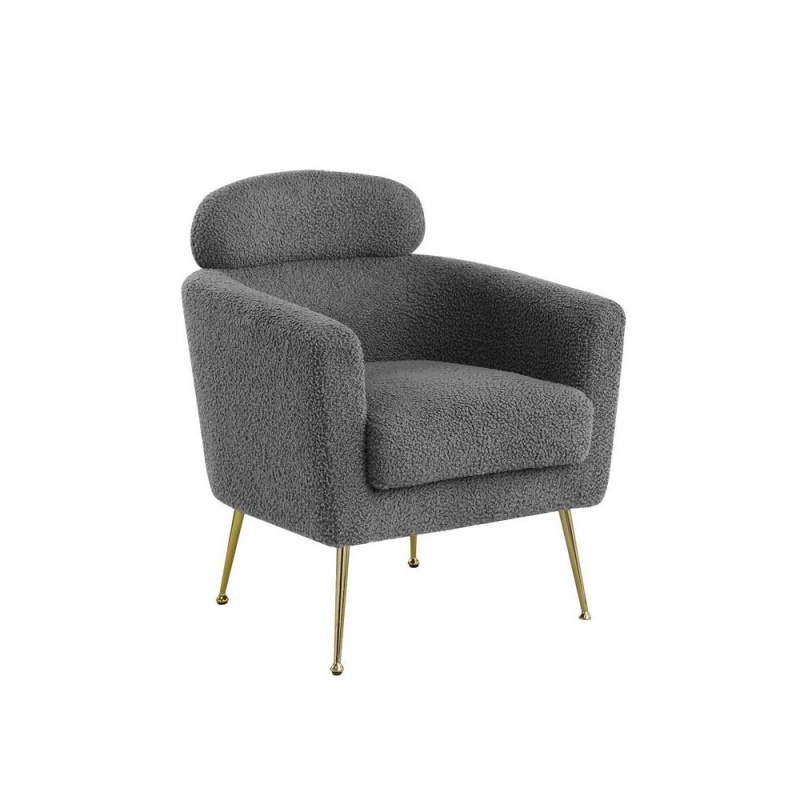 Accent Chair With Grey Vegan Faux Fur And Gold Chrome Legs