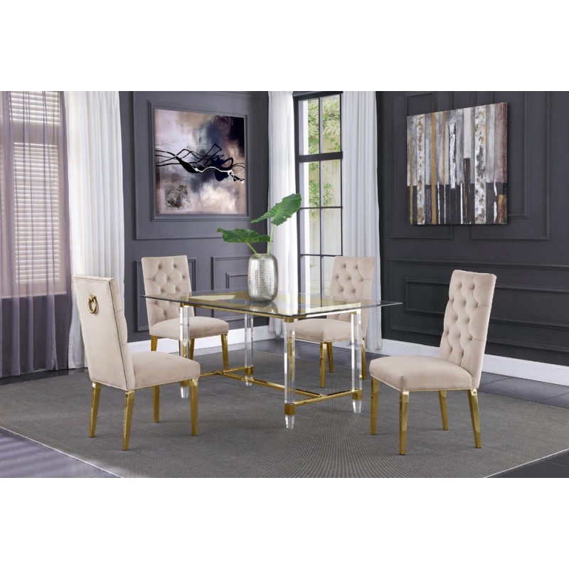 Acrylic Glass 5Pc Gold Set Tufted Ring Chairs In Beige Velvet
