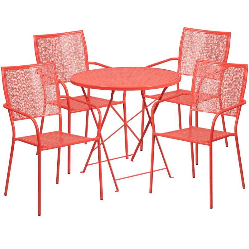 Commercial Grade 30" Round Coral Indoor-Outdoor Steel Folding Patio Table Set With 4 Square Back Chairs