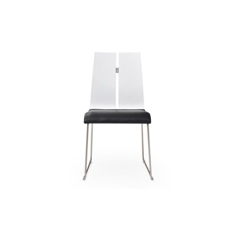Lauren Dining Chair. High Gloss White Black Faux Leather. Metal Frame With Brushed Nickel Finish