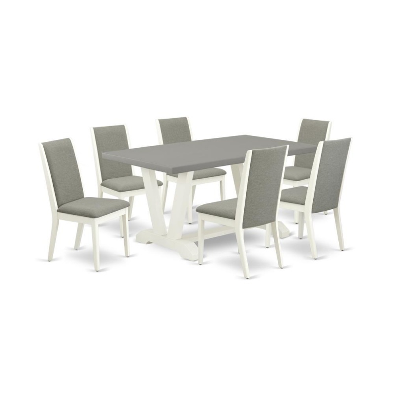 East West Furniture V096la206-7 7-Piece Beautiful Dining Set A Superb Cement Color Wood Table Top And 6 Gorgeous Linen Fabric Dining Chairs With Stylish Chair Back, Linen White Finish