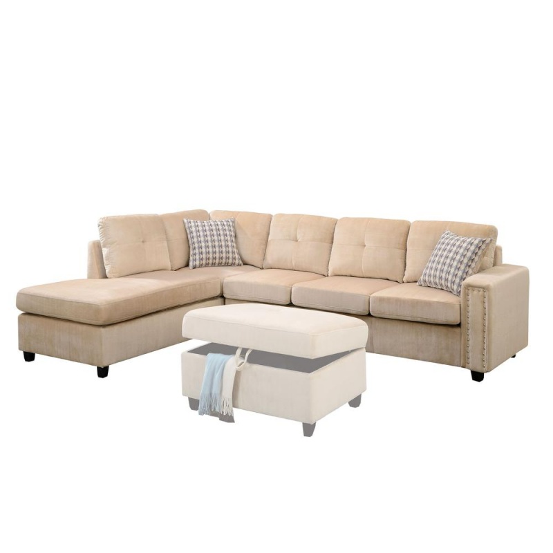 Belville Sectional Sofa W/Pillows (Reversible), Beige Velvet (1Set/2Ctn)