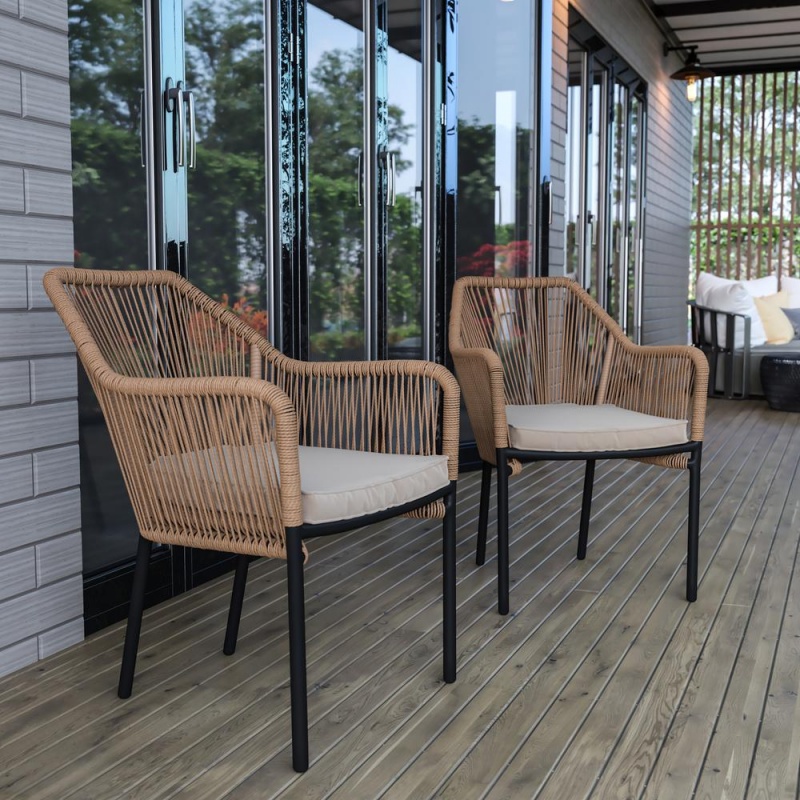 Kallie Set Of 2 All-Weather Natural Woven Stacking Club Chairs With Rounded Arms & Ivory Zippered Seat Cushions