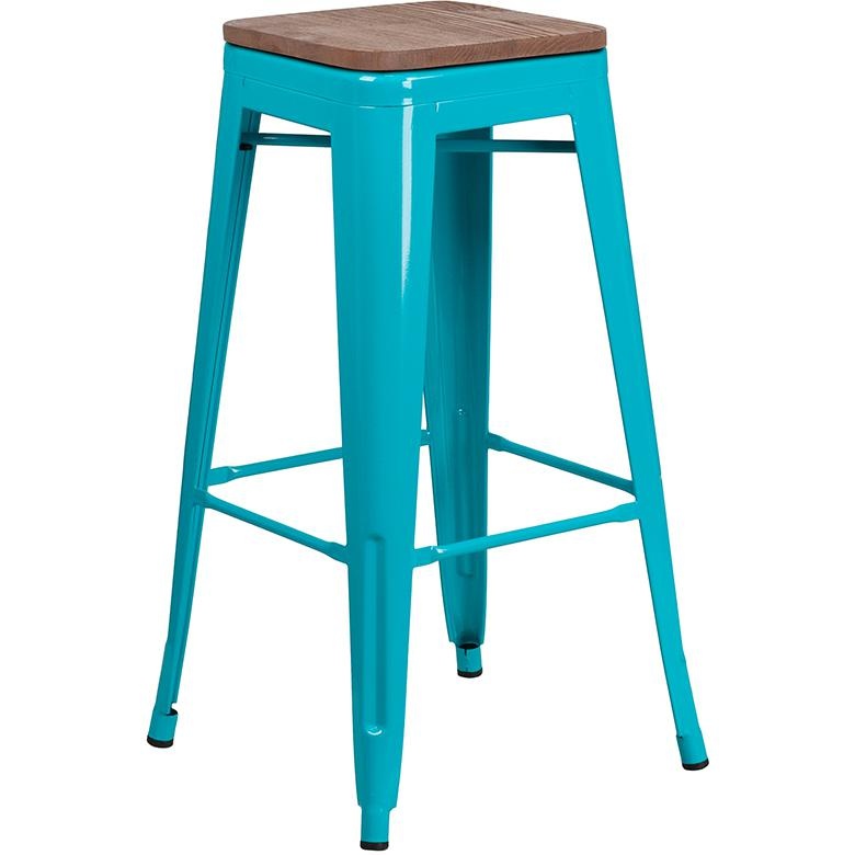 30" High Backless Crystal Teal-Blue Barstool with Square Wood Seat