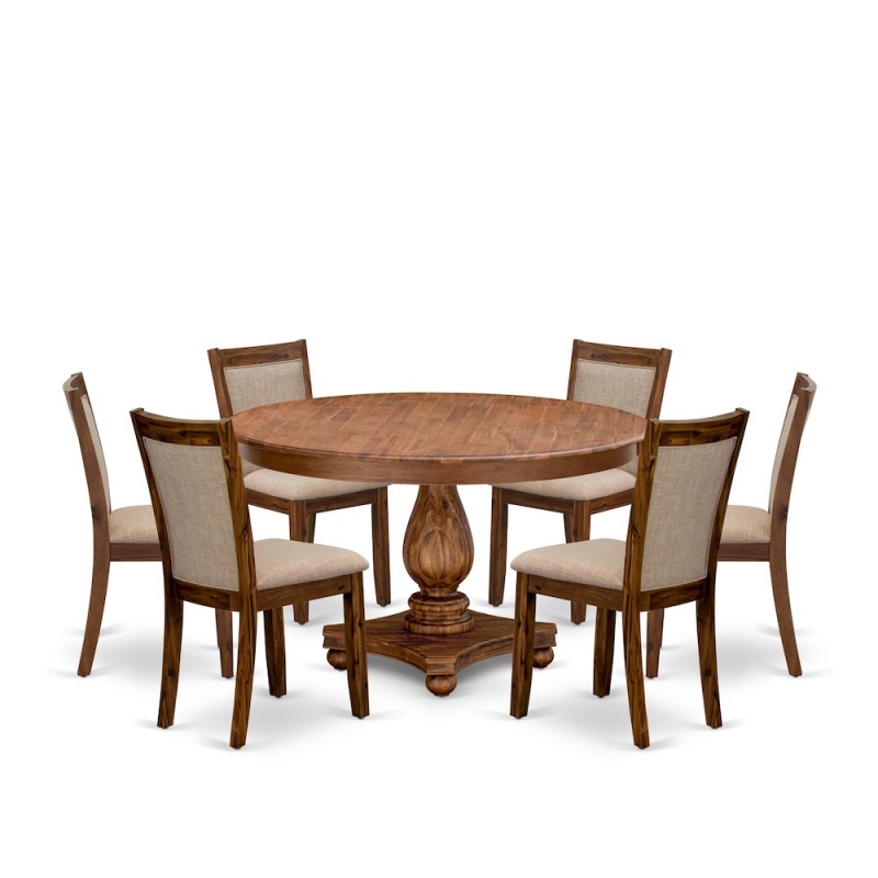 7-Pc Wooden Dining Set with Pedestal Table and 6 Light Tan Linen Fabric Parson Chairs