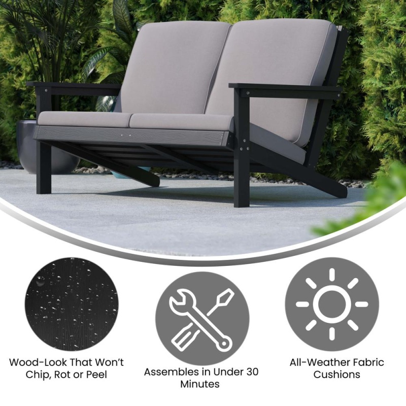 Charlestown All-Weather Poly Resin Wood Adirondack Style Deep Seat Patio Loveseat With Cushions, Black/Charcoal