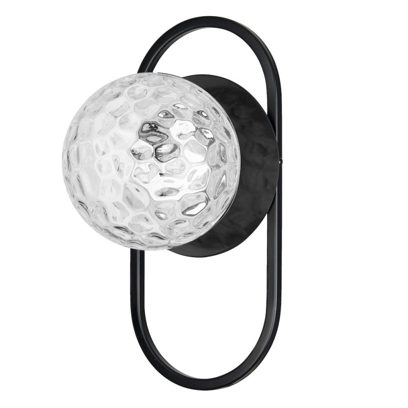 1 Light Matte Black Wall Sconce with Clear Hammered Glass