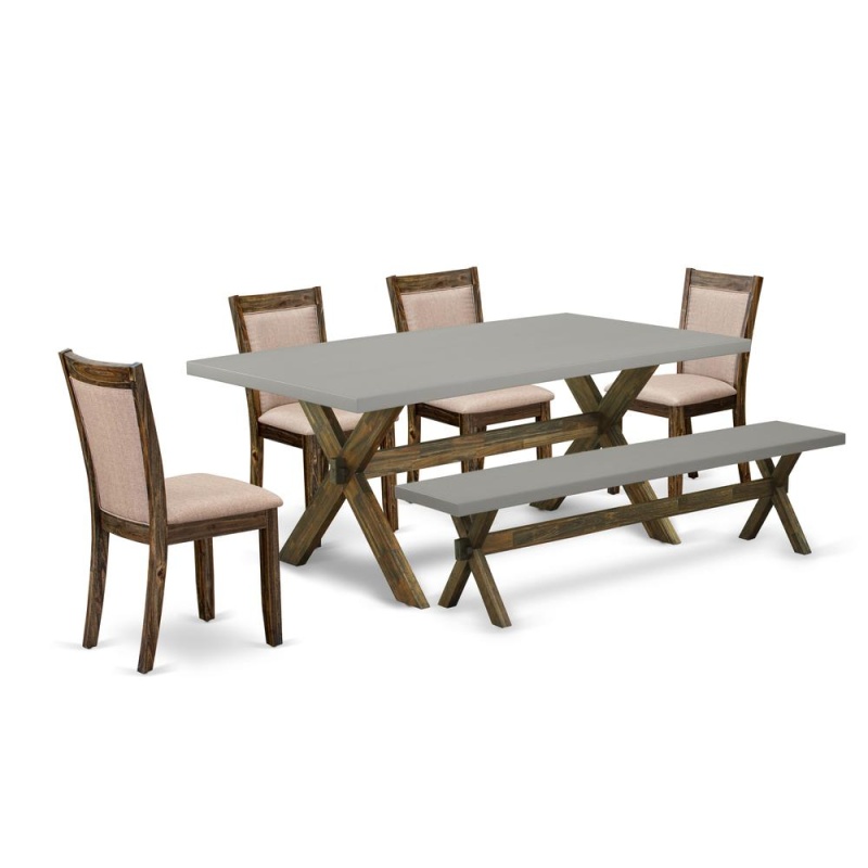 East West Furniture 6 Piece Dinning Set- A Cement Top Dining Table In Trestle Base With Dining Bench And 4 Dark Khaki Linen Fabrics Wooden Dining Chairs - Distressed Jacobean Finish