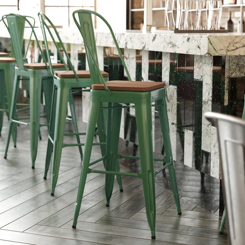 Kai Commercial Grade 30" High Green Metal Indoor-Outdoor Bar Height Stool With Removable Back And Square Teak All-Weather Poly Resin Seat