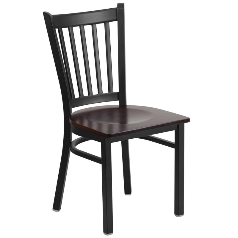 Black Vertical Back Metal Restaurant Chair with Walnut Wood Seat