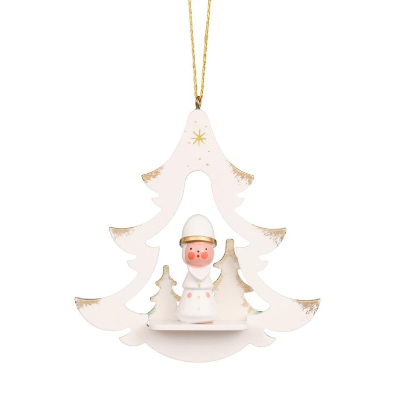 Christian Ulbricht Ornament - White Star With Santa And Trees - 4"H X 3.25"W X 1"d