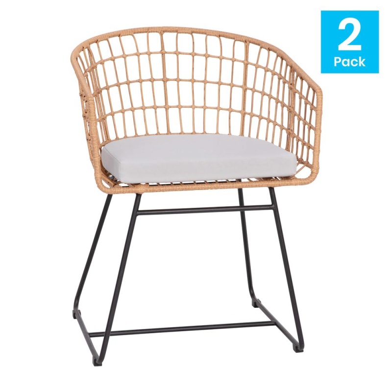 Set Of 2 Patio Boho Club Chairs, Light Gray Cushions And Sled Base