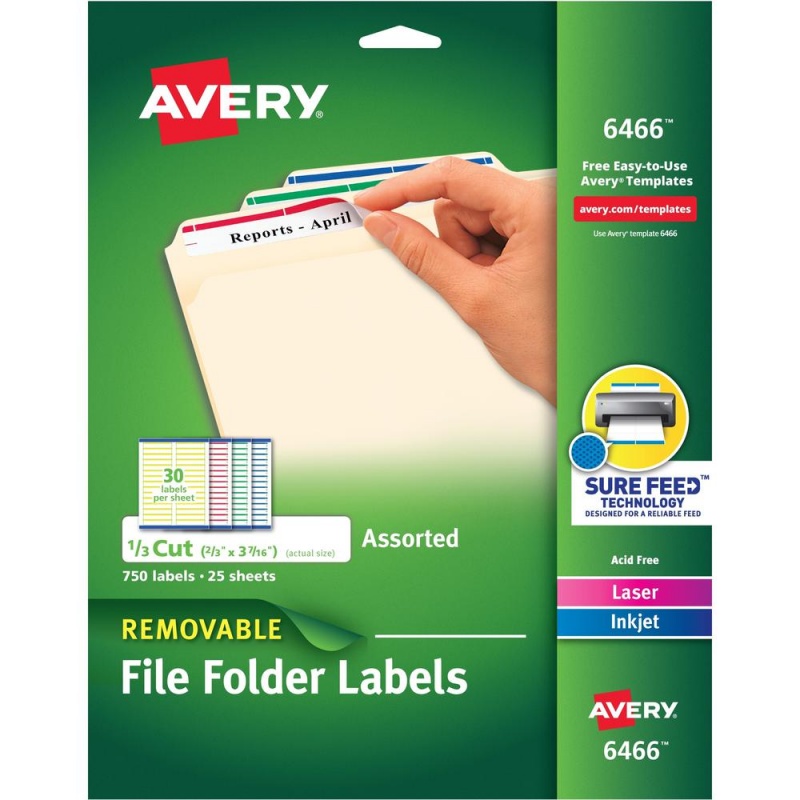 Avery® Removable Laser/Inkjet Filing Labels - 21/32" Width X 3 7/16" Length - Removable Adhesive - Rectangle - Laser, Inkjet - Blue, Green, Red, White, Yellow - Paper - 30 / Sheet - 25 Total Sheet