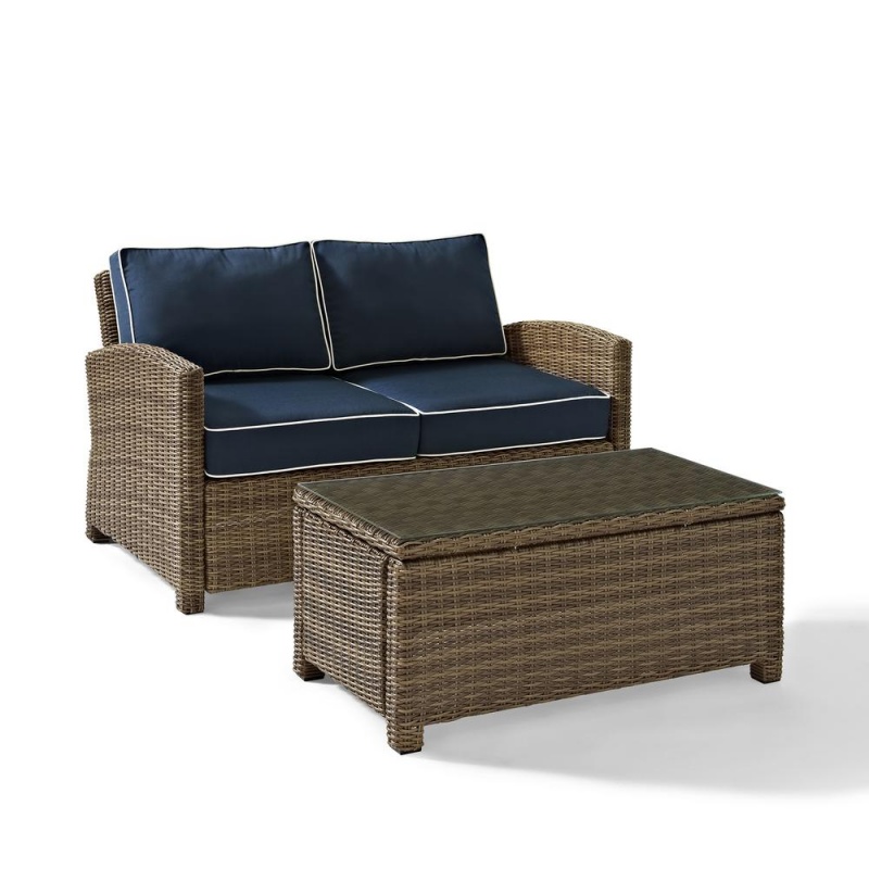 Bradenton 2Pc Outdoor Wicker Chat Set Navy/Weathered Brown - Loveseat, Glass Top Table