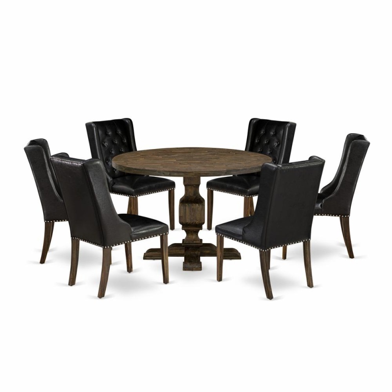 East West Furniture 7 Piece Dining Room Set Includes A Mid Century Modern Dining Table And 6 Black Pu Leather Dining Chairs With Button Tufted Back - Distressed Jacobean Finish