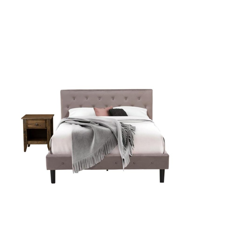 Nl14q-1Ga07 2 Pc Bed Set - 1 Bed Brown Taupe Velvet Fabric Headboard And 1 Nightstand - Distressed Jacobean Finish Nightstand