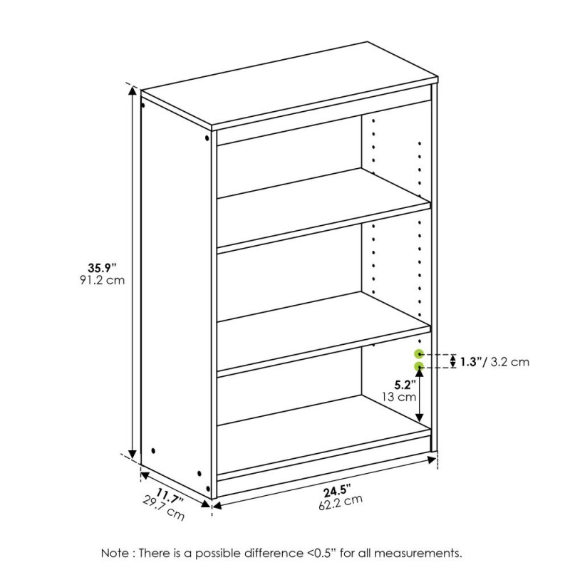 Furinno Gruen 3-Tier Bookcase With Adjustable Shelves, White
