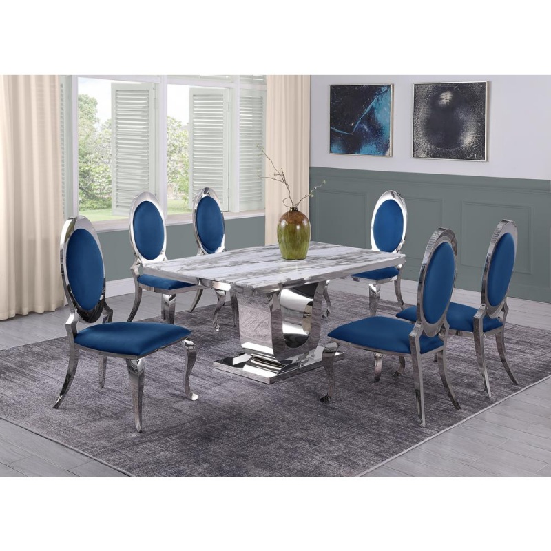 White Marble 7Pc Set Stainless Steel Chairs In Navy Blue Velvet