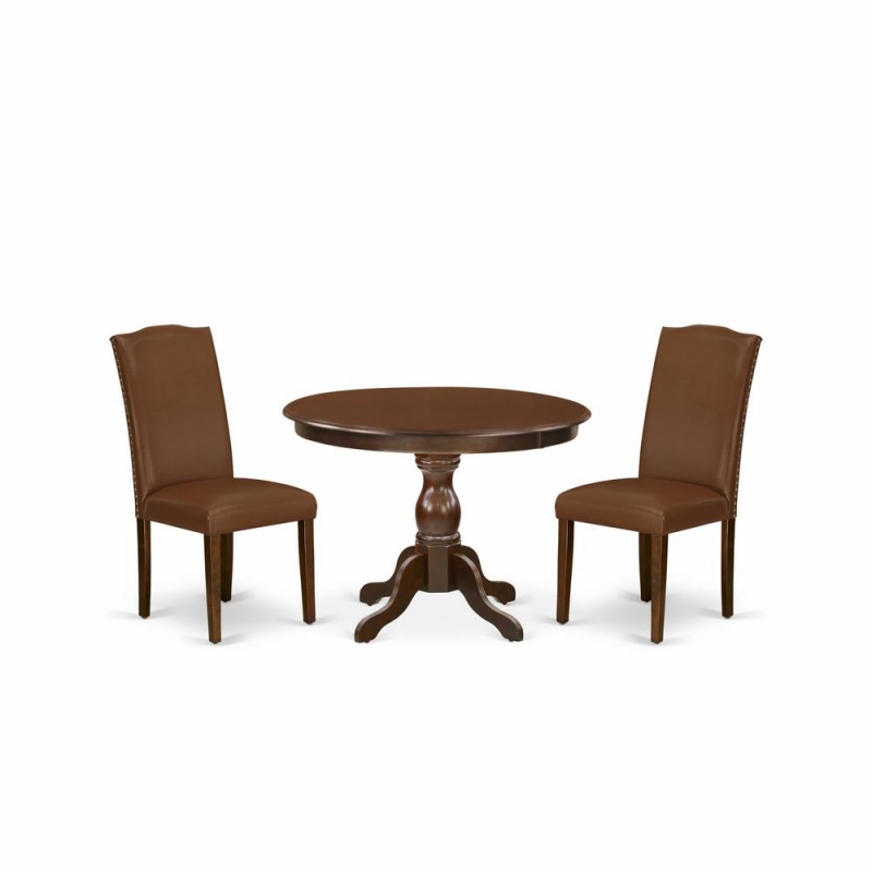 East West Furniture Hben3-Mah-66 3 Piece Dining Table Set - Mahogany Wood Table And 2 Brown Faux Leather Chairs For Dining Room With High Back - Mahogany Finish