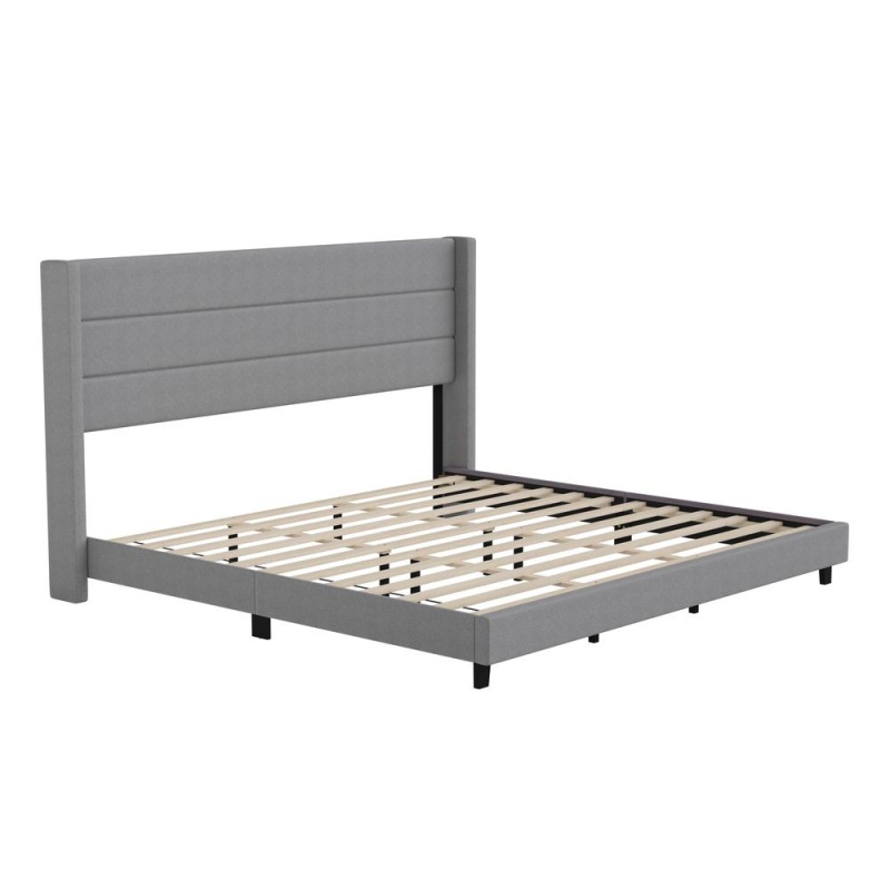 King Upholstered Platform Bed With Wingback Headboard, Gray Faux Linen