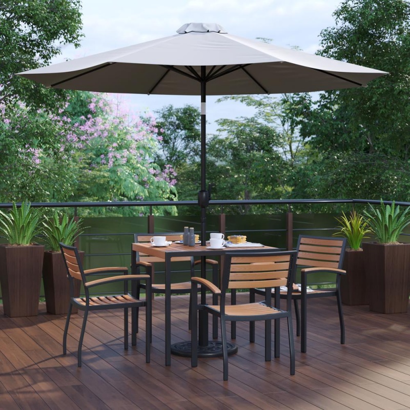 7 Piece Outdoor Patio Table Set With 4 Synthetic Teak Stackable Chairs, 35" Square Table, Gray Umbrella & Base