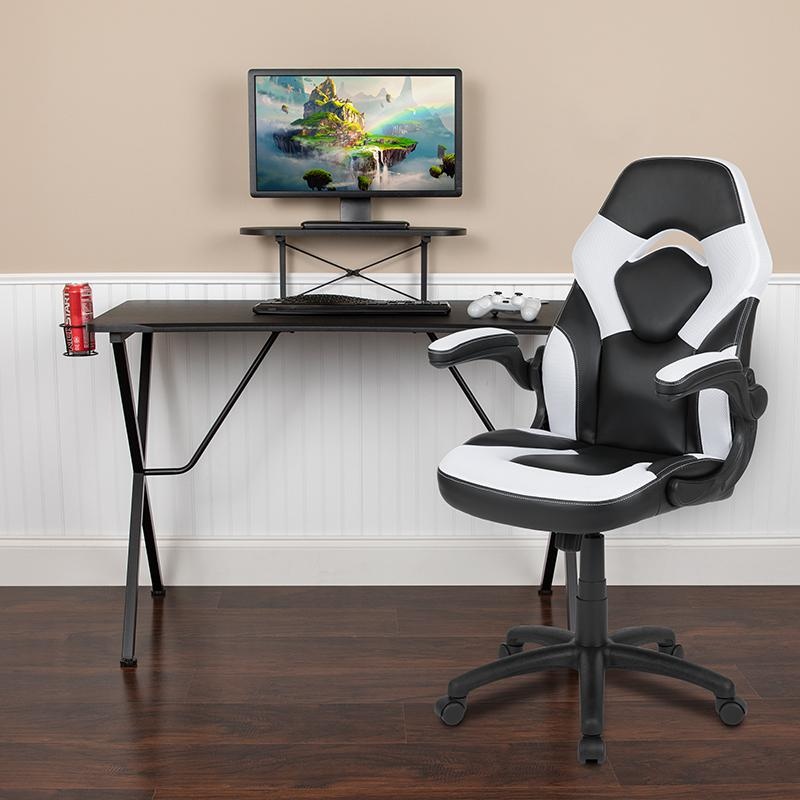 Black Gaming Desk And White/Black Racing Chair Set With Cup Holder, Headphone Hook, And Monitor/Smartphone Stand