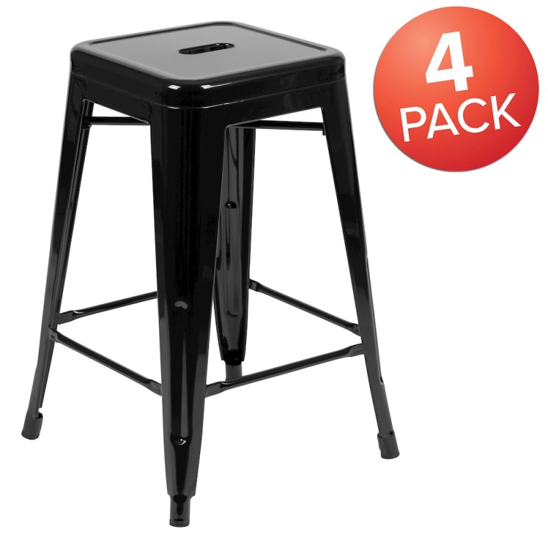 24" High Metal Counter-Height, Indoor Bar Stool In Black - Stackable Set Of 4