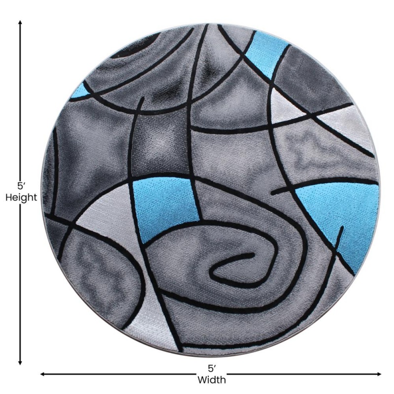 Jubilee Collection 5' X 5' Round Blue Abstract Area Rug - Olefin Rug With Jute Backing - Living Room, Bedroom, Family Room