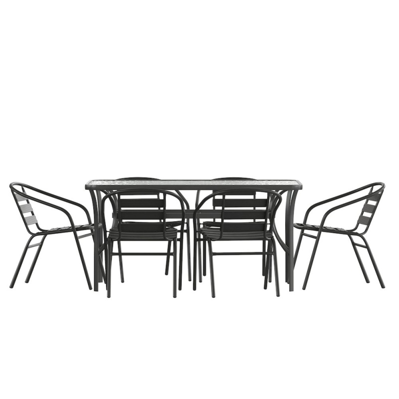 Commercial Grade Outdoor Patio Dining Set With Table And Six Chairs, Black