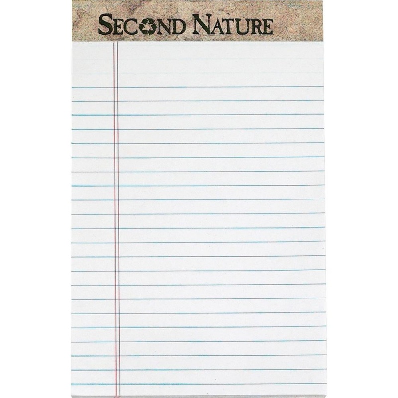 Tops Second Nature Recycled Writing Pads - 50 Sheets - 0.28" Ruled - 16 Lb Basis Weight - Jr.Legal - 5" X 8" - White Paper - Perforated - Recycled - 1 Dozen