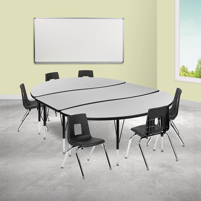 86" Oval Wave Collaborative Laminate Activity Table Set With 14" Student Stack Chairs, Grey/Black