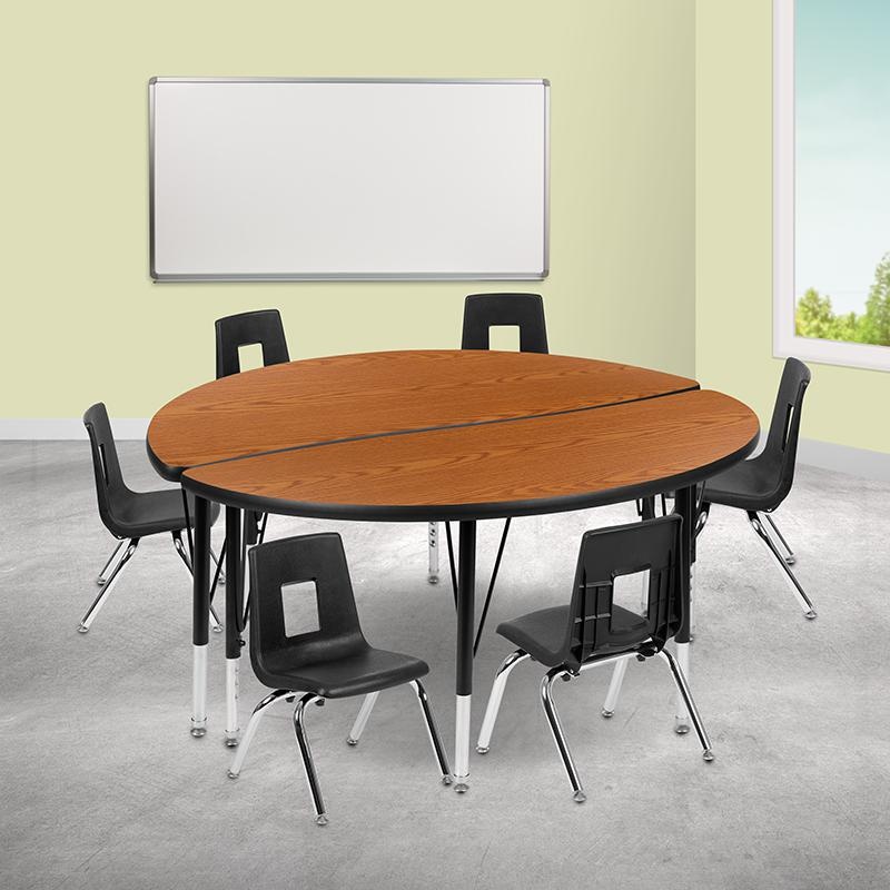 47.5" Circle Wave Collaborative Laminate Activity Table Set With 14" Student Stack Chairs, Oak/Black