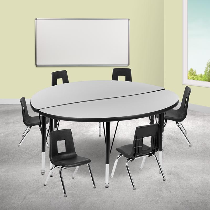 47.5" Circle Wave Collaborative Laminate Activity Table Set With 12" Student Stack Chairs, Grey/Black