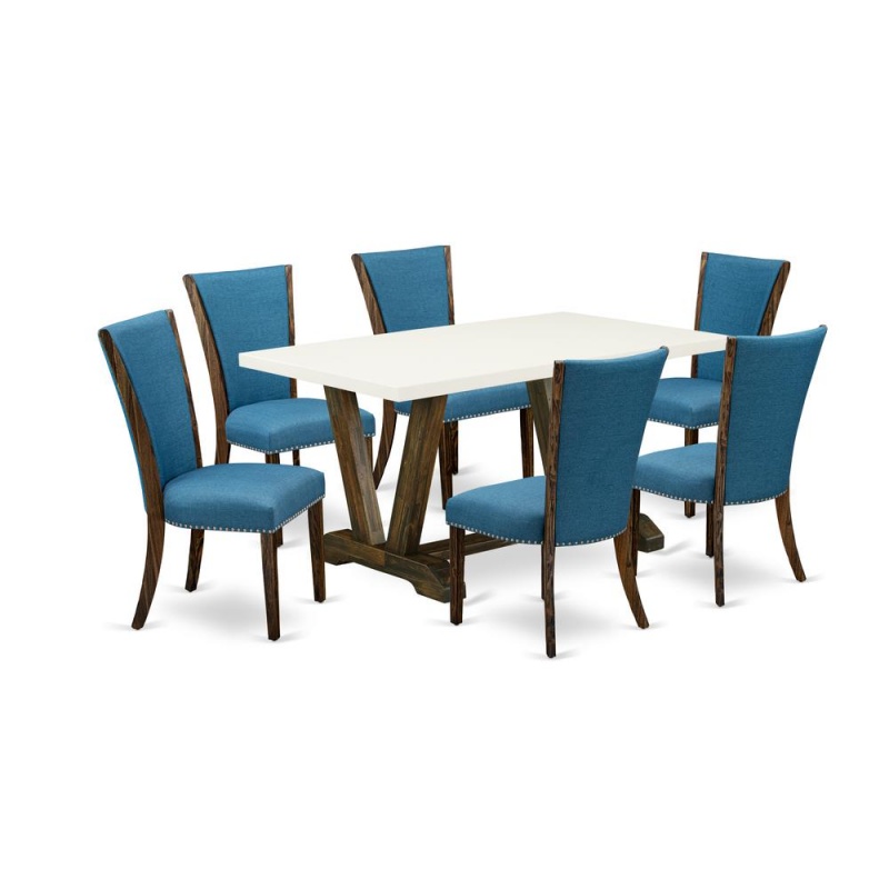 East West Furniture V726ve721-7 7Pc Dining Room Table Set Includes A Kitchen Table And 6 Parson Dining Chairs With Blue Color Linen Fabric, Distressed Jacobean And Linen White Finish